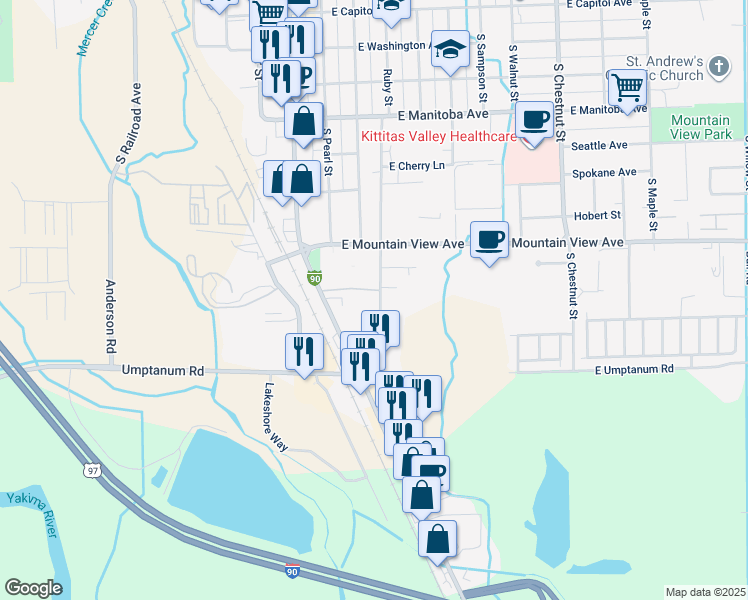 map of restaurants, bars, coffee shops, grocery stores, and more near 1007 Ruby Street in Ellensburg