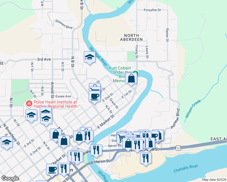 map of restaurants, bars, coffee shops, grocery stores, and more near 1116 East 2nd Street in Aberdeen