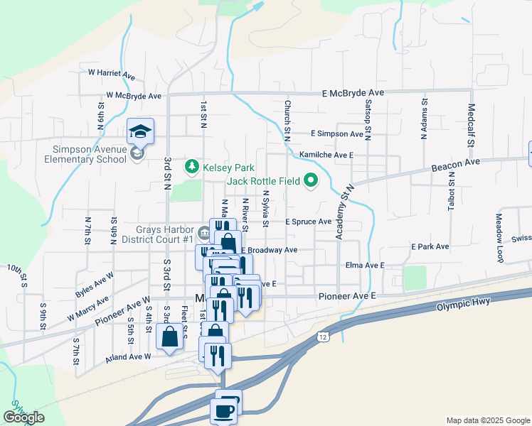 map of restaurants, bars, coffee shops, grocery stores, and more near 224 East Spruce Avenue in Montesano
