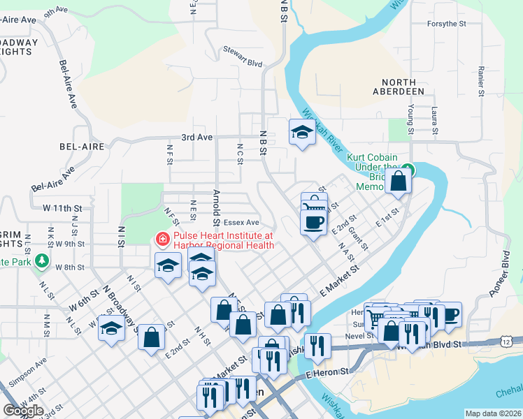 map of restaurants, bars, coffee shops, grocery stores, and more near 821 Terrace Avenue in Aberdeen