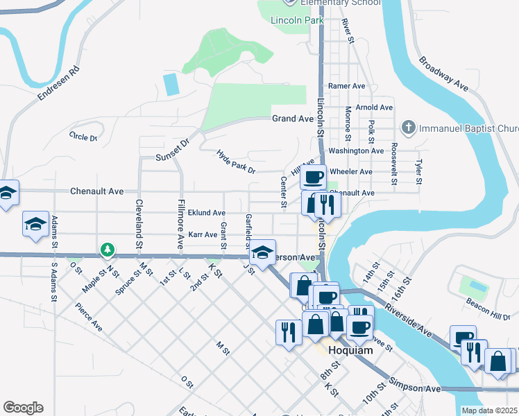 map of restaurants, bars, coffee shops, grocery stores, and more near 625 Eklund Avenue in Hoquiam