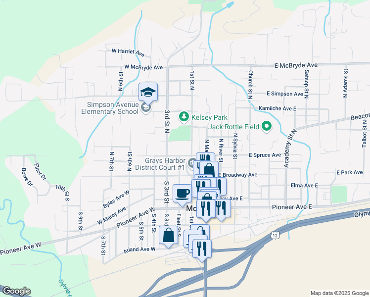 map of restaurants, bars, coffee shops, grocery stores, and more near 310 Spruce Avenue West in Montesano