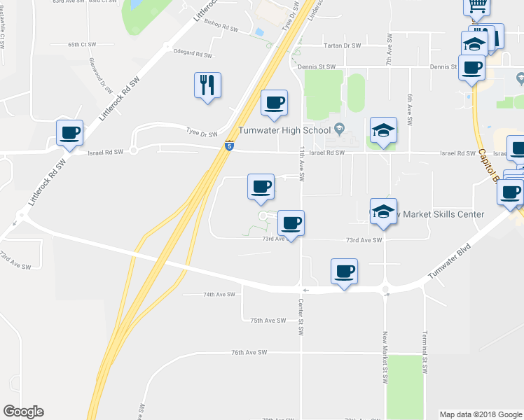 map of restaurants, bars, coffee shops, grocery stores, and more near 7273 Linderson Way Southwest in Tumwater
