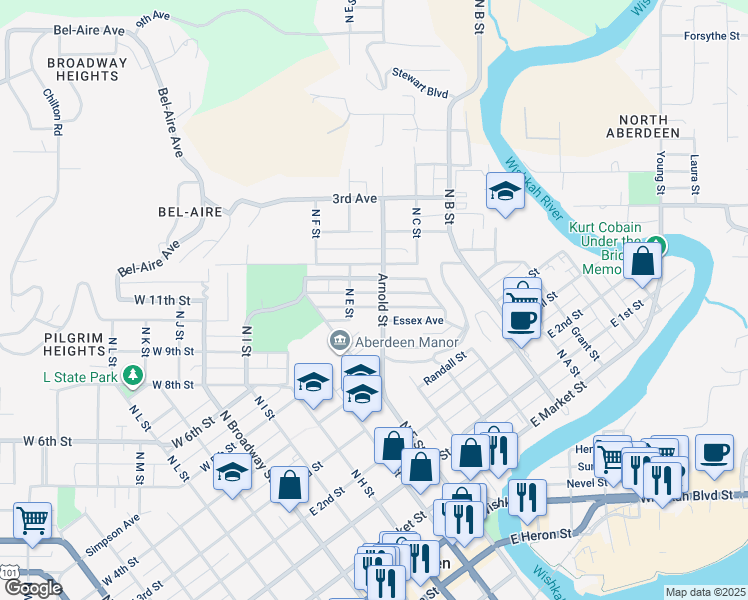 map of restaurants, bars, coffee shops, grocery stores, and more near 516 McKinley Avenue in Aberdeen