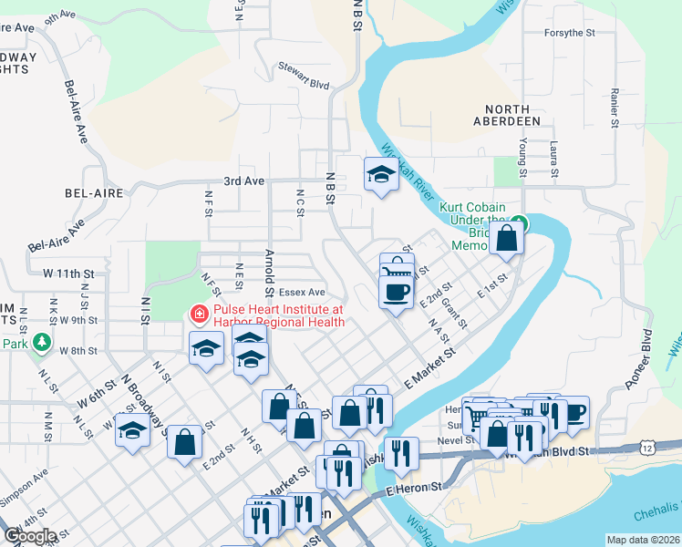 map of restaurants, bars, coffee shops, grocery stores, and more near 821 Terrace Avenue in Aberdeen