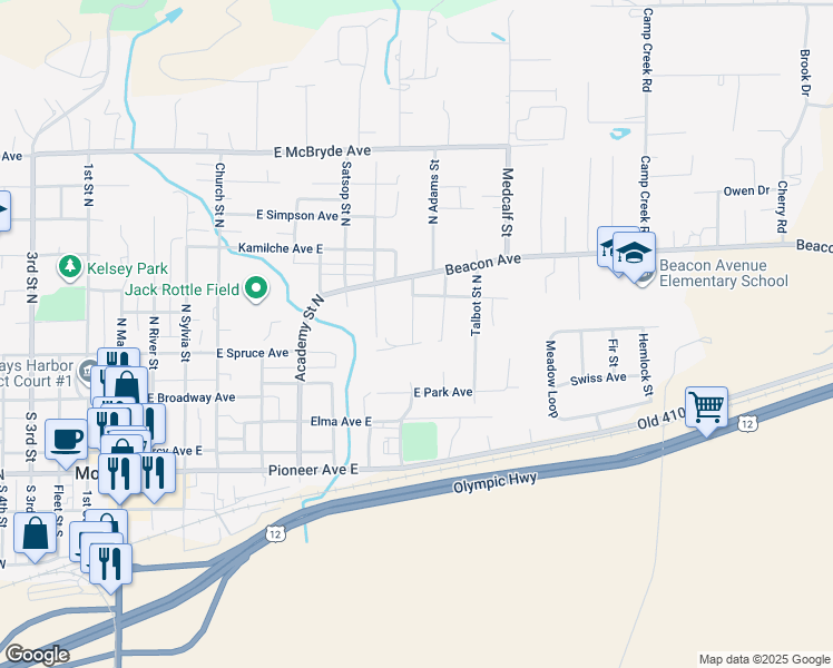 map of restaurants, bars, coffee shops, grocery stores, and more near 210 Blakeley Street North in Montesano