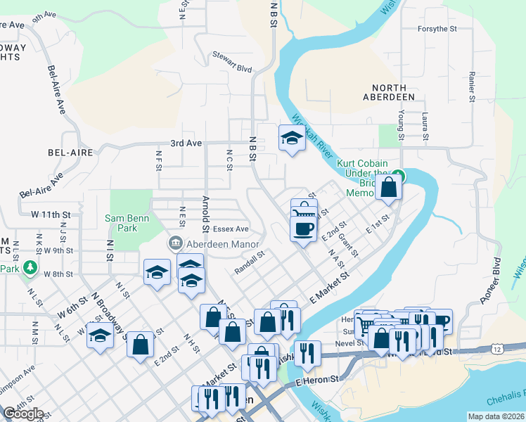 map of restaurants, bars, coffee shops, grocery stores, and more near 418 North B Street in Aberdeen