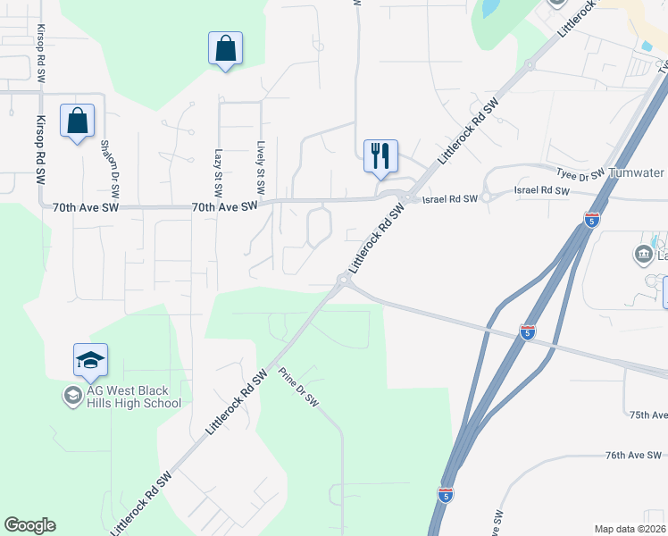map of restaurants, bars, coffee shops, grocery stores, and more near 7143 Littlerock Road Southwest in Tumwater