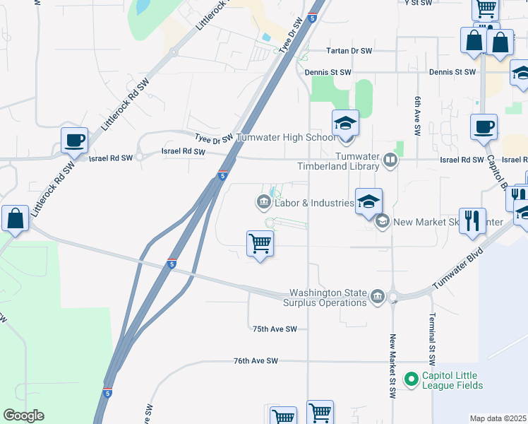 map of restaurants, bars, coffee shops, grocery stores, and more near 7273 Linderson Way Southwest in Tumwater