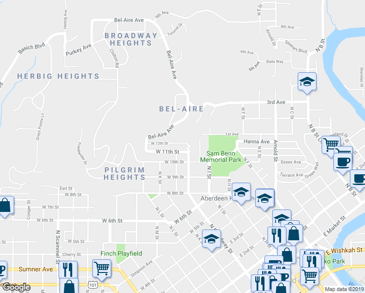 map of restaurants, bars, coffee shops, grocery stores, and more near 102 West 11th Street in Aberdeen
