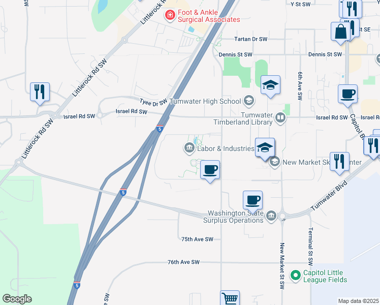 map of restaurants, bars, coffee shops, grocery stores, and more near 7273 Linderson Way Southwest in Tumwater