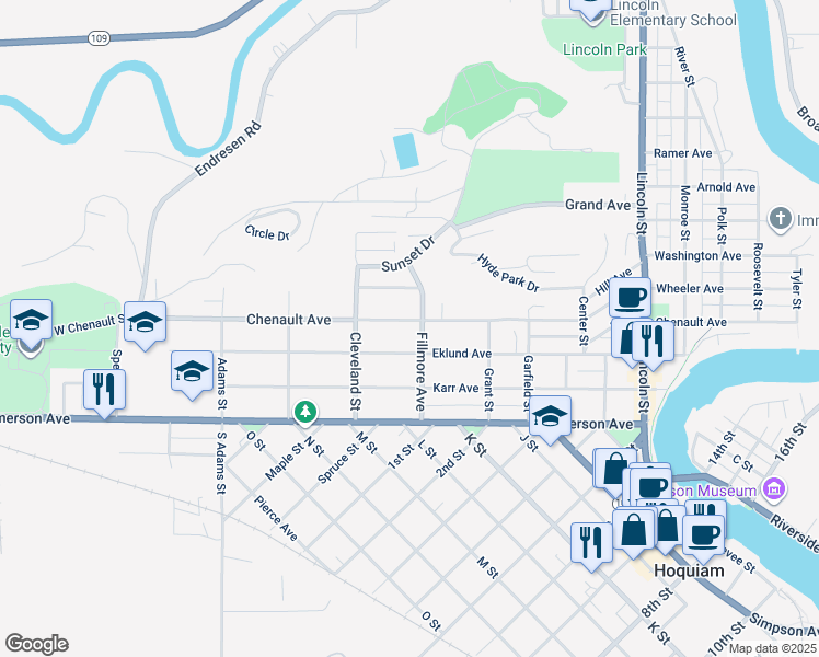 map of restaurants, bars, coffee shops, grocery stores, and more near 352 Chenault Avenue in Hoquiam