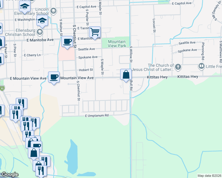 map of restaurants, bars, coffee shops, grocery stores, and more near 1008 East Mountain View Avenue in Ellensburg