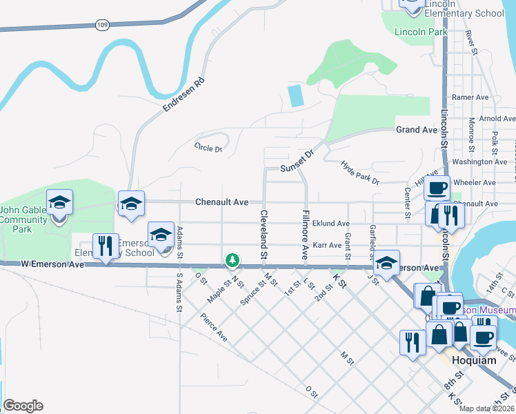 map of restaurants, bars, coffee shops, grocery stores, and more near 301 West Eklund Avenue in Hoquiam