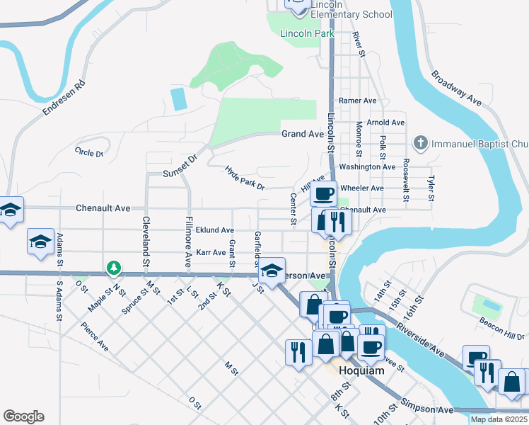 map of restaurants, bars, coffee shops, grocery stores, and more near 604 Chenault Avenue in Hoquiam