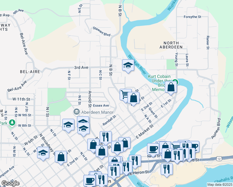 map of restaurants, bars, coffee shops, grocery stores, and more near 418 North B Street in Aberdeen