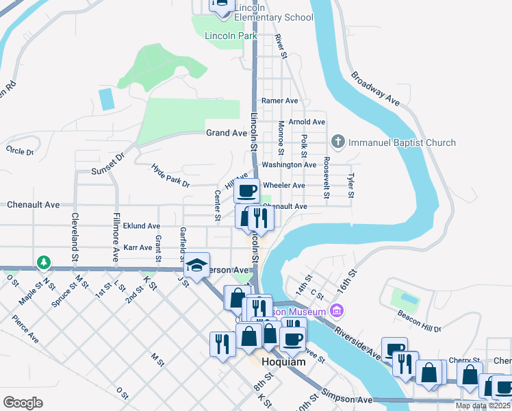 map of restaurants, bars, coffee shops, grocery stores, and more near 400 Lincoln Street in Hoquiam