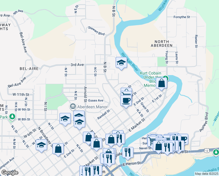 map of restaurants, bars, coffee shops, grocery stores, and more near 533 North B Street in Aberdeen