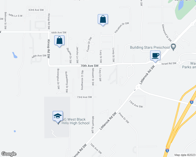 map of restaurants, bars, coffee shops, grocery stores, and more near 7041 Lazy Court Southwest in Olympia