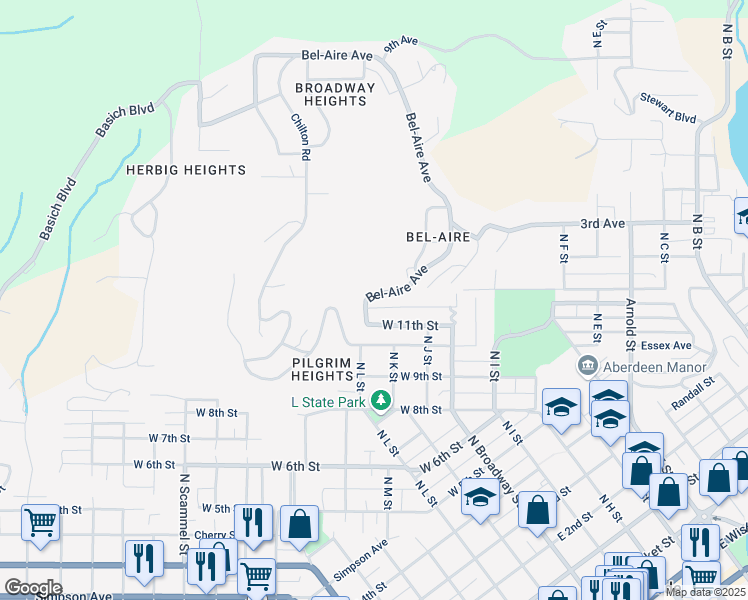map of restaurants, bars, coffee shops, grocery stores, and more near 1290 Bel-Aire Avenue in Aberdeen