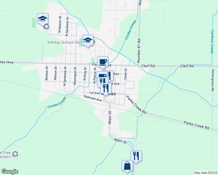 map of restaurants, bars, coffee shops, grocery stores, and more near 114 South Main Street in Ellensburg