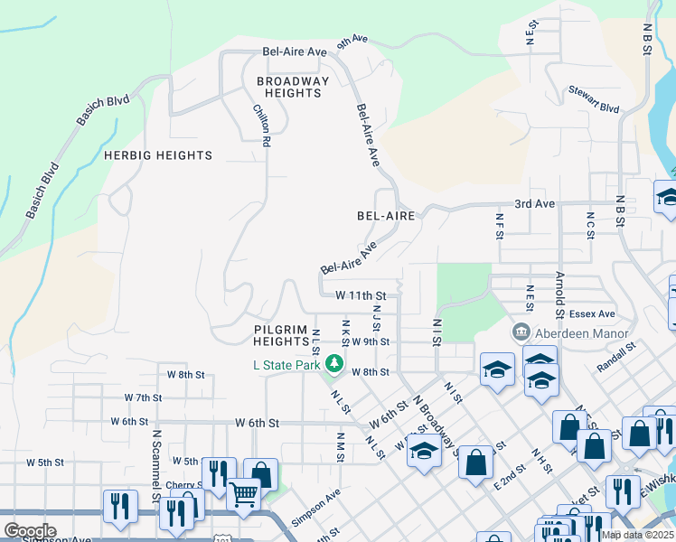 map of restaurants, bars, coffee shops, grocery stores, and more near 1290 Bel-Aire Avenue in Aberdeen