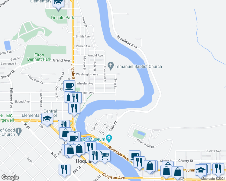 map of restaurants, bars, coffee shops, grocery stores, and more near 1227 Chenault Avenue in Hoquiam