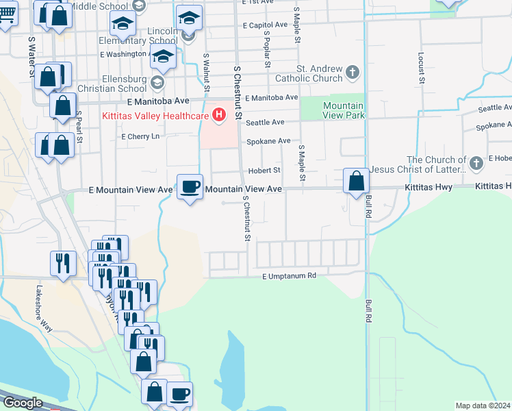 map of restaurants, bars, coffee shops, grocery stores, and more near 802 East Mountain View Avenue in Ellensburg