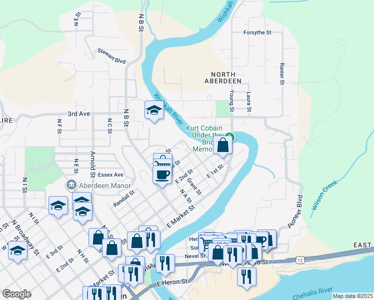 map of restaurants, bars, coffee shops, grocery stores, and more near 1213 Arthur Street in Aberdeen