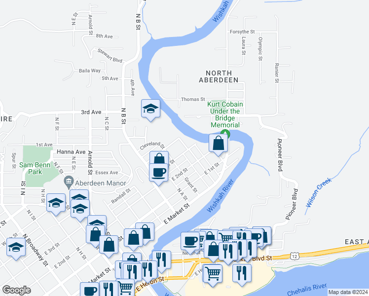 map of restaurants, bars, coffee shops, grocery stores, and more near 1120 Randall Street in Aberdeen