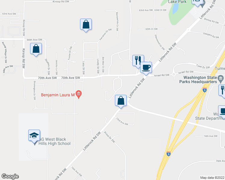 map of restaurants, bars, coffee shops, grocery stores, and more near 2535 70th Avenue Southwest in Tumwater