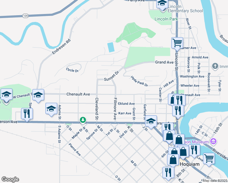map of restaurants, bars, coffee shops, grocery stores, and more near 420 Fillmore Street in Hoquiam