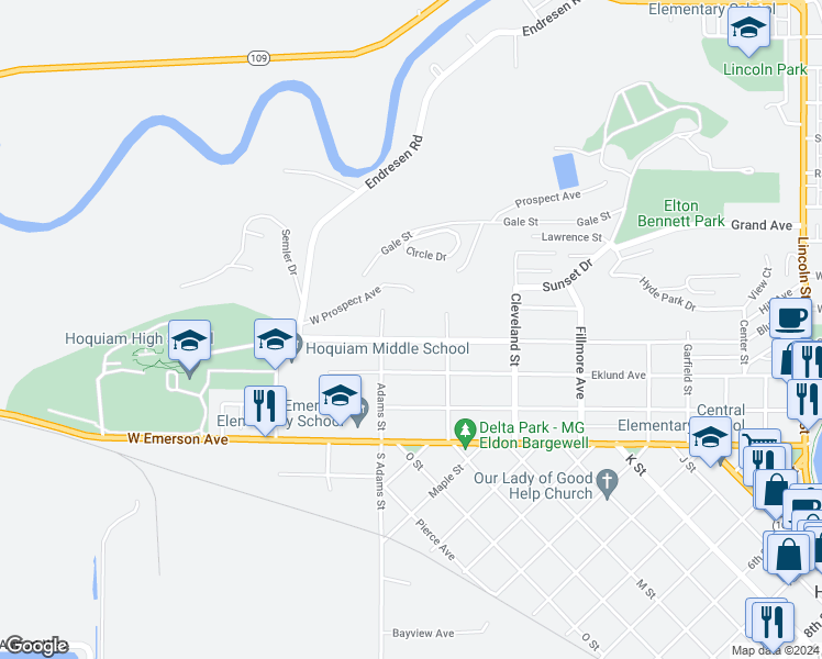 map of restaurants, bars, coffee shops, grocery stores, and more near 127 Chenault Avenue in Hoquiam