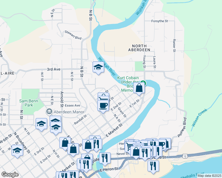map of restaurants, bars, coffee shops, grocery stores, and more near 1118 Arthur Street in Aberdeen