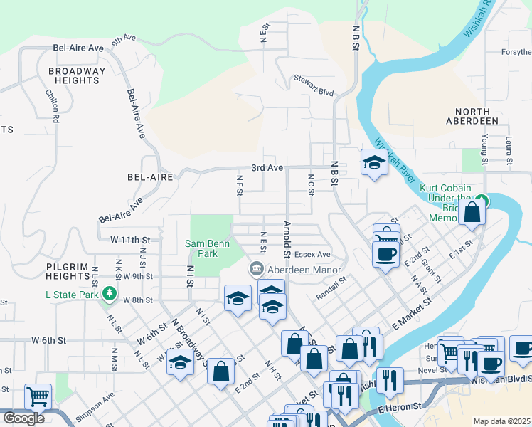 map of restaurants, bars, coffee shops, grocery stores, and more near 1st Avenue in Aberdeen
