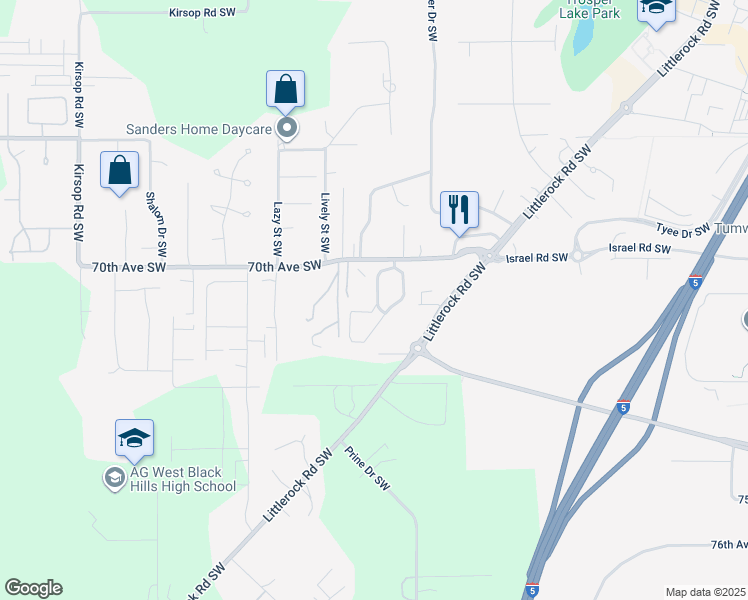 map of restaurants, bars, coffee shops, grocery stores, and more near 2535 70th Avenue Southwest in Tumwater