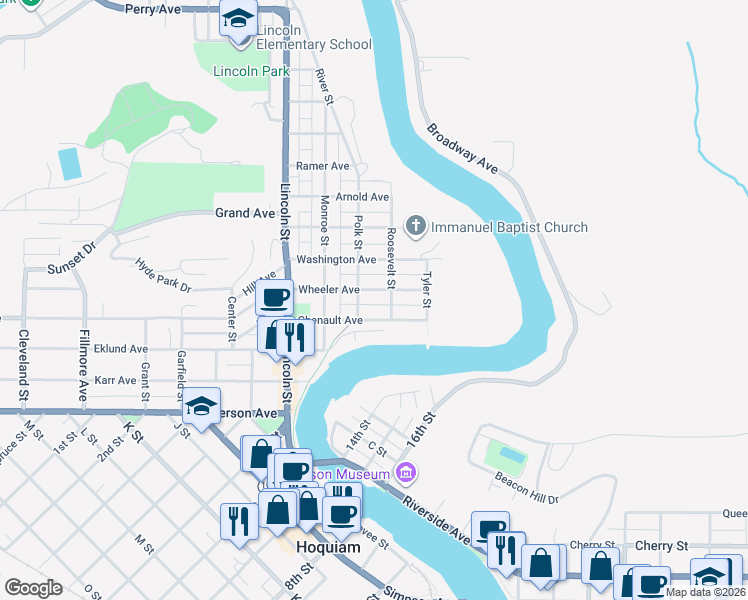 map of restaurants, bars, coffee shops, grocery stores, and more near 1108 Wheeler Avenue in Hoquiam