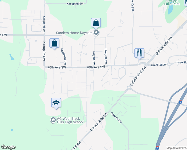 map of restaurants, bars, coffee shops, grocery stores, and more near 7022 Lazy Court Southwest in Olympia