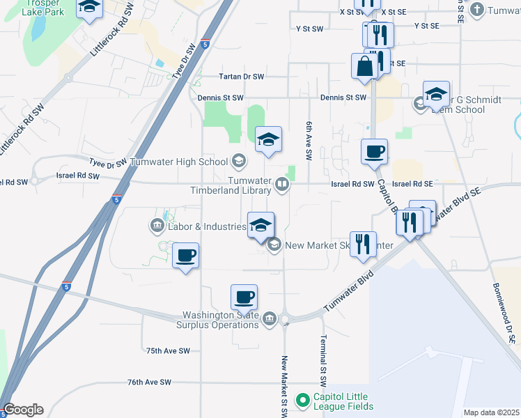 map of restaurants, bars, coffee shops, grocery stores, and more near 655 Israel Road Southwest in Tumwater