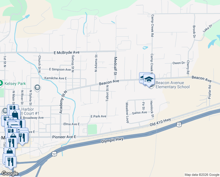 map of restaurants, bars, coffee shops, grocery stores, and more near 304 Talbot Street North in Montesano