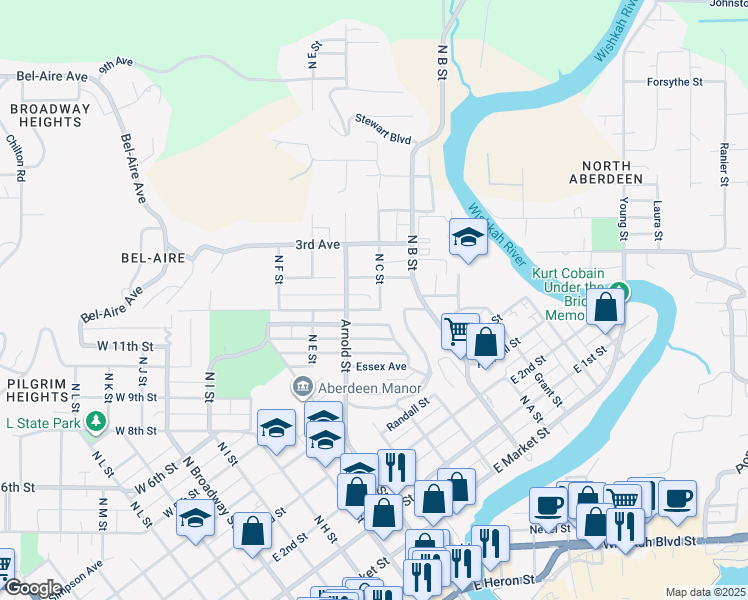 map of restaurants, bars, coffee shops, grocery stores, and more near 620 1st Avenue in Aberdeen