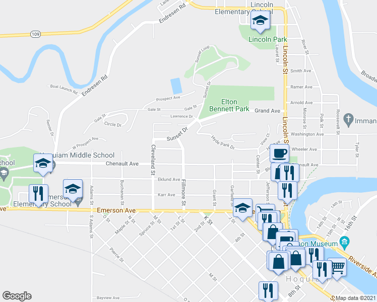 map of restaurants, bars, coffee shops, grocery stores, and more near 420 Fillmore Street in Hoquiam