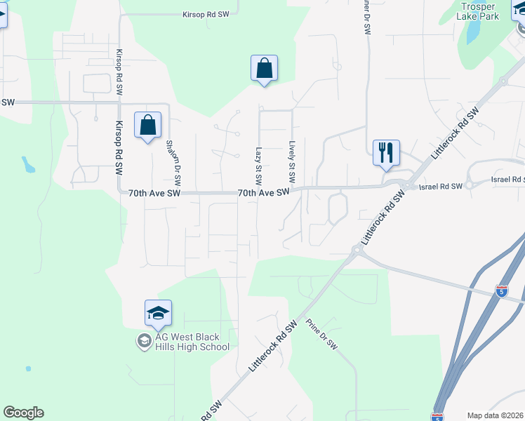 map of restaurants, bars, coffee shops, grocery stores, and more near 7022 Lazy Court Southwest in Olympia