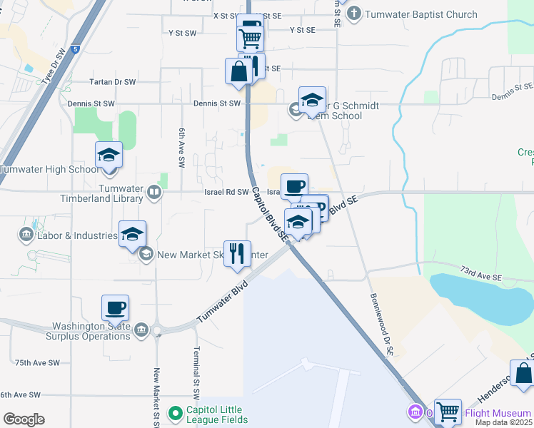 map of restaurants, bars, coffee shops, grocery stores, and more near 7056 Capitol Boulevard South in Tumwater