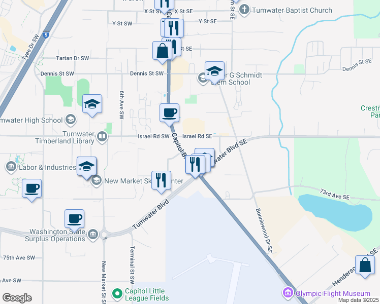map of restaurants, bars, coffee shops, grocery stores, and more near 7056 Capitol Boulevard South in Tumwater