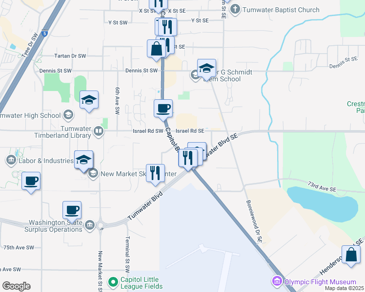 map of restaurants, bars, coffee shops, grocery stores, and more near 111 Israel Road Southeast in Tumwater