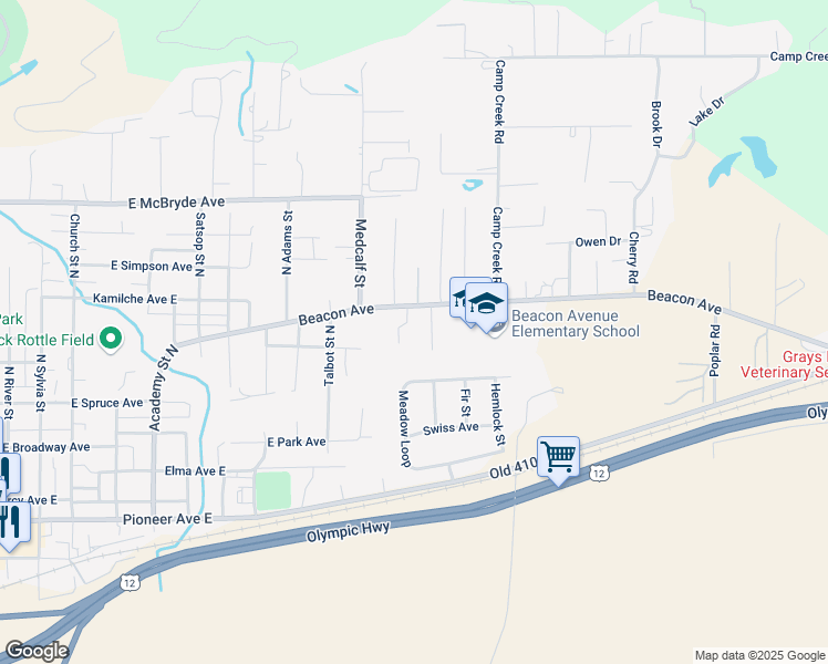 map of restaurants, bars, coffee shops, grocery stores, and more near 1409 Beacon Avenue in Montesano