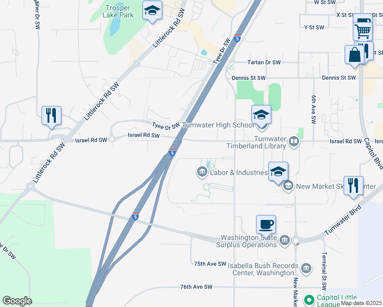 map of restaurants, bars, coffee shops, grocery stores, and more near 1111 Israel Road Southwest in Tumwater