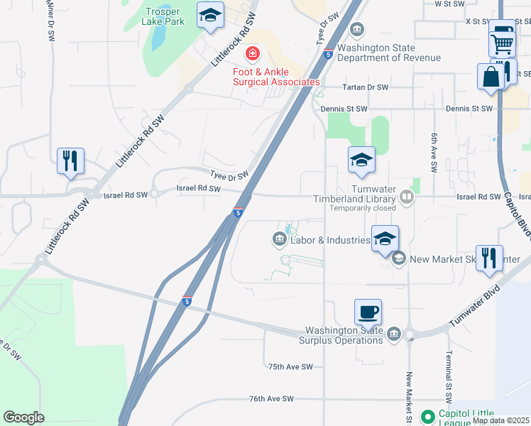 map of restaurants, bars, coffee shops, grocery stores, and more near 1111 Israel Road Southwest in Tumwater
