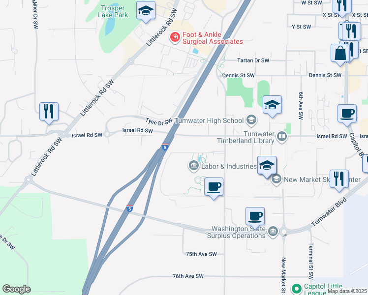 map of restaurants, bars, coffee shops, grocery stores, and more near 1111 Israel Road Southeast in Tumwater